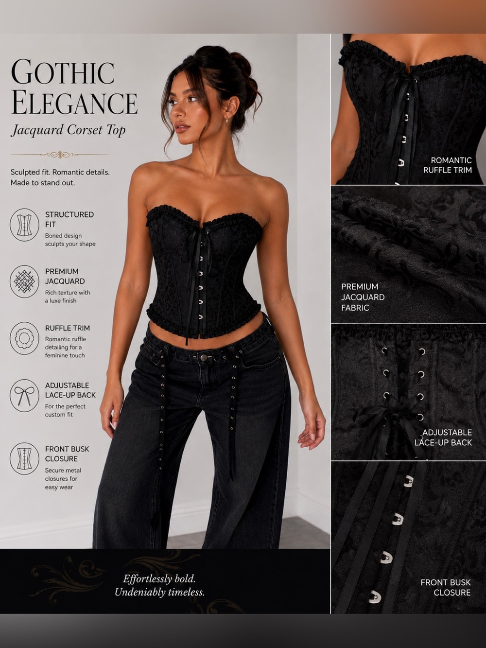 Black Ruffled Lace-Up Corset Crop Top